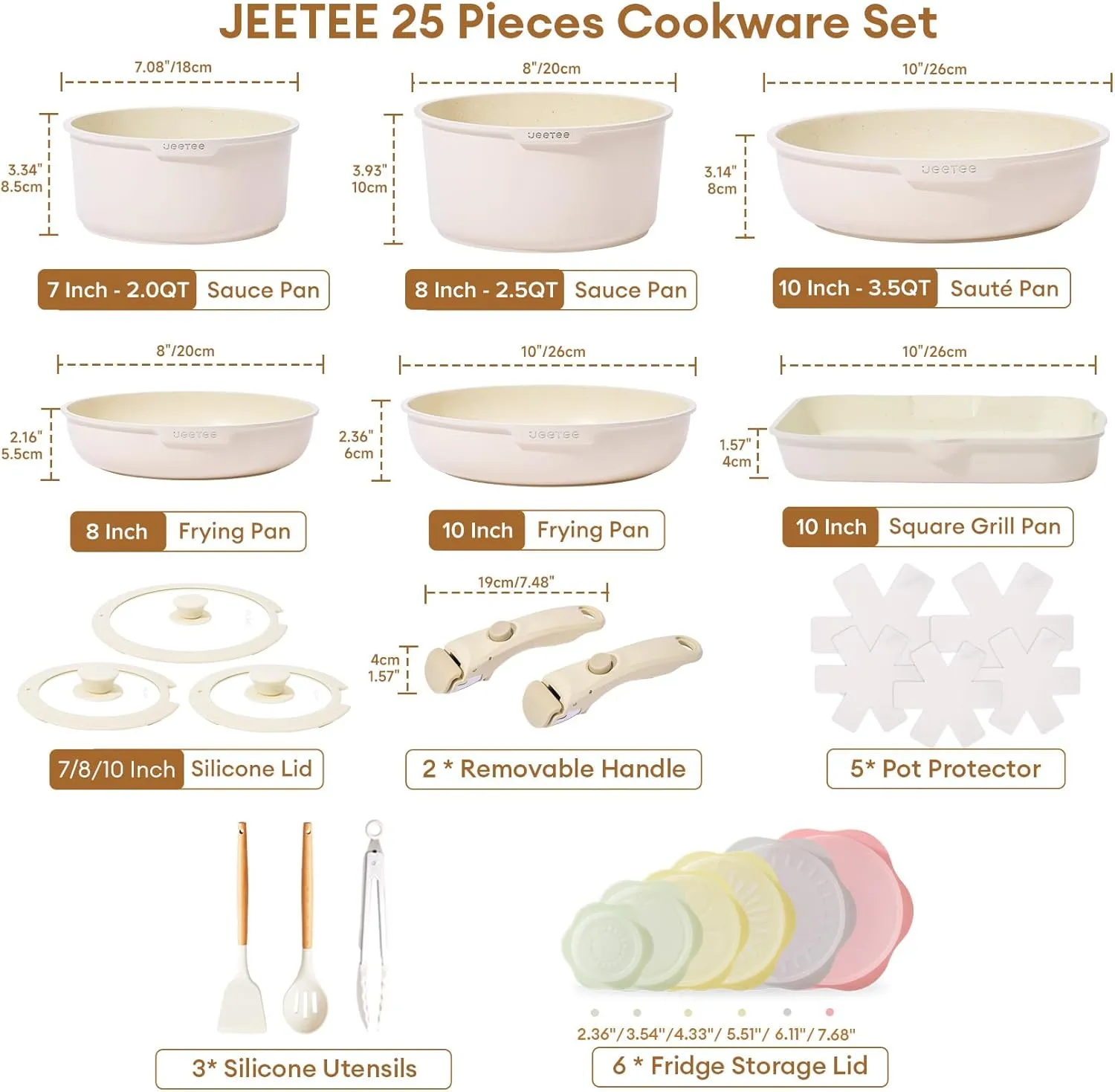 JEETEE Pots and Pans Set Non Stick 25pcs, Cookware Set with Removable Handle, Induction Kitchen Cooking Sets with Detachable Handle, RV Camping Stackable Pots Pans, Oven Safe, PFOA Free, Beige