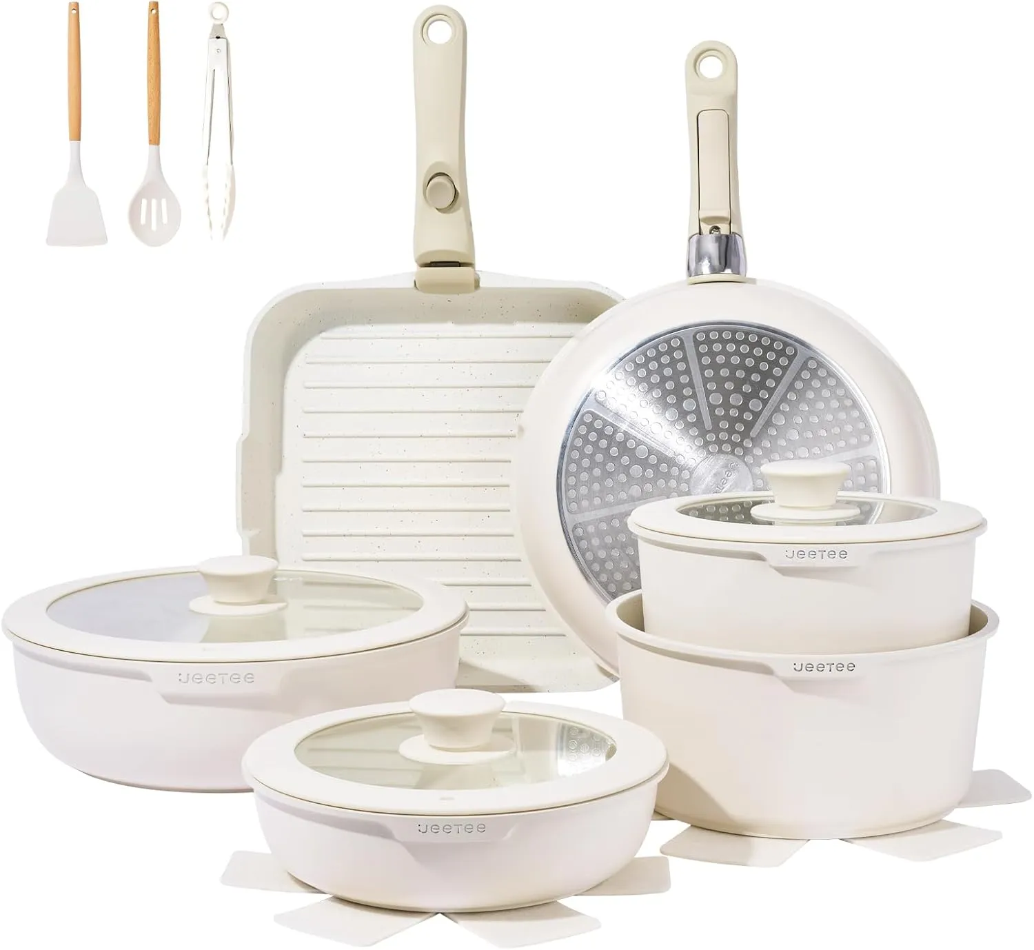 JEETEE Pots and Pans Set Non Stick 25pcs, Cookware Set with Removable Handle, Induction Kitchen Cooking Sets with Detachable Handle, RV Camping Stackable Pots Pans, Oven Safe, PFOA Free, Beige