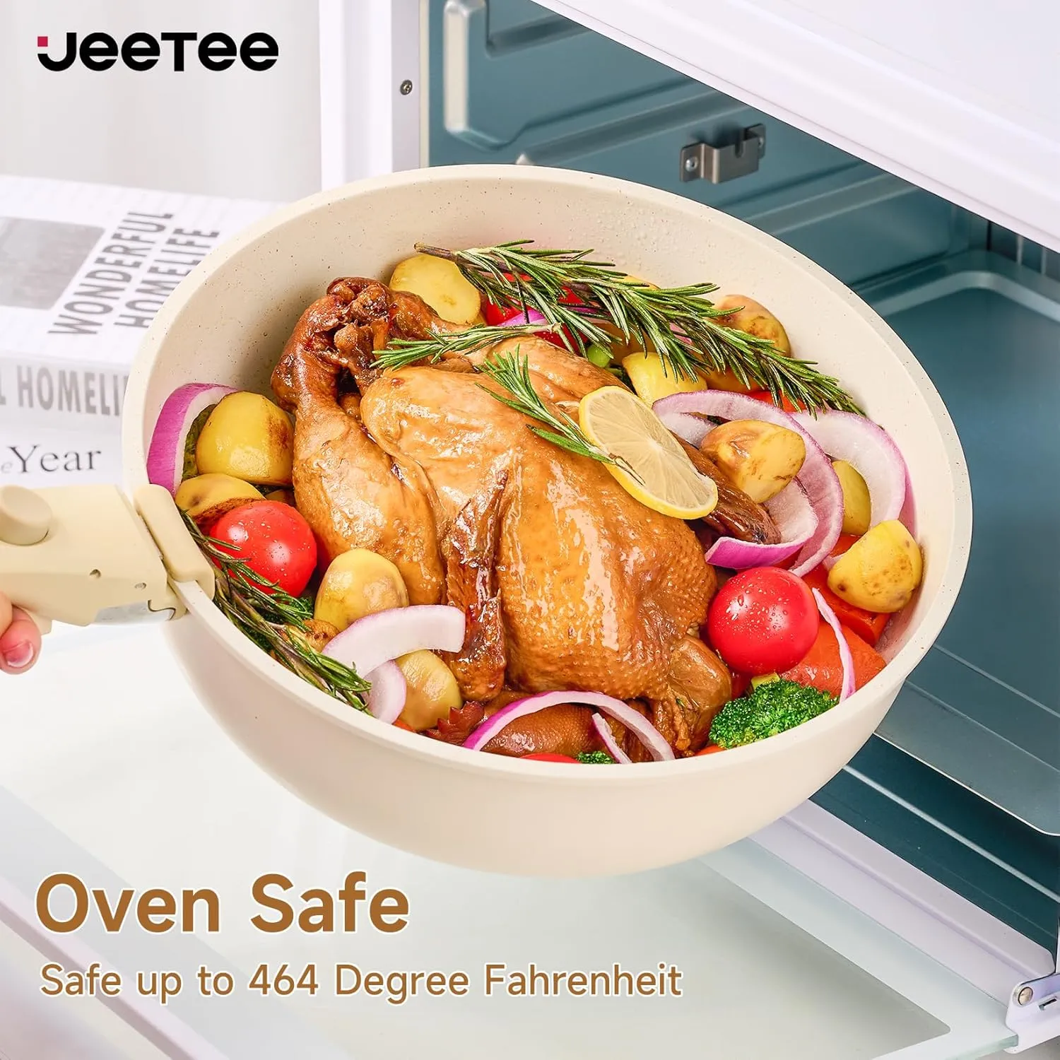 JEETEE Pots and Pans Set Non Stick 25pcs, Cookware Set with Removable Handle, Induction Kitchen Cooking Sets with Detachable Handle, RV Camping Stackable Pots Pans, Oven Safe, PFOA Free, Beige
