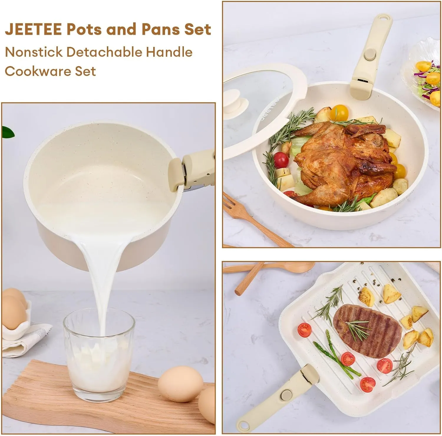 JEETEE Pots and Pans Set Non Stick 25pcs, Cookware Set with Removable Handle, Induction Kitchen Cooking Sets with Detachable Handle, RV Camping Stackable Pots Pans, Oven Safe, PFOA Free, Beige