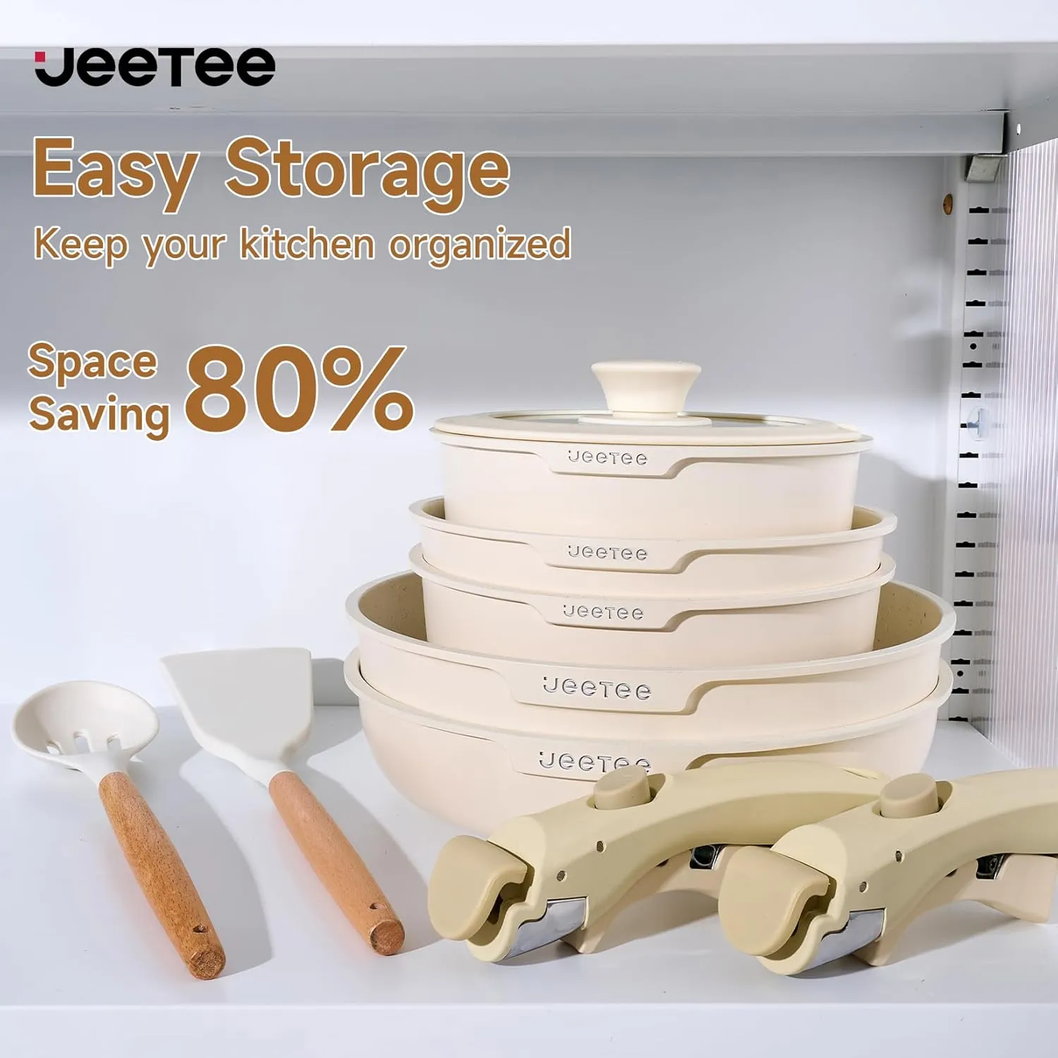 JEETEE Pots and Pans Set Non Stick 25pcs, Cookware Set with Removable Handle, Induction Kitchen Cooking Sets with Detachable Handle, RV Camping Stackable Pots Pans, Oven Safe, PFOA Free, Beige