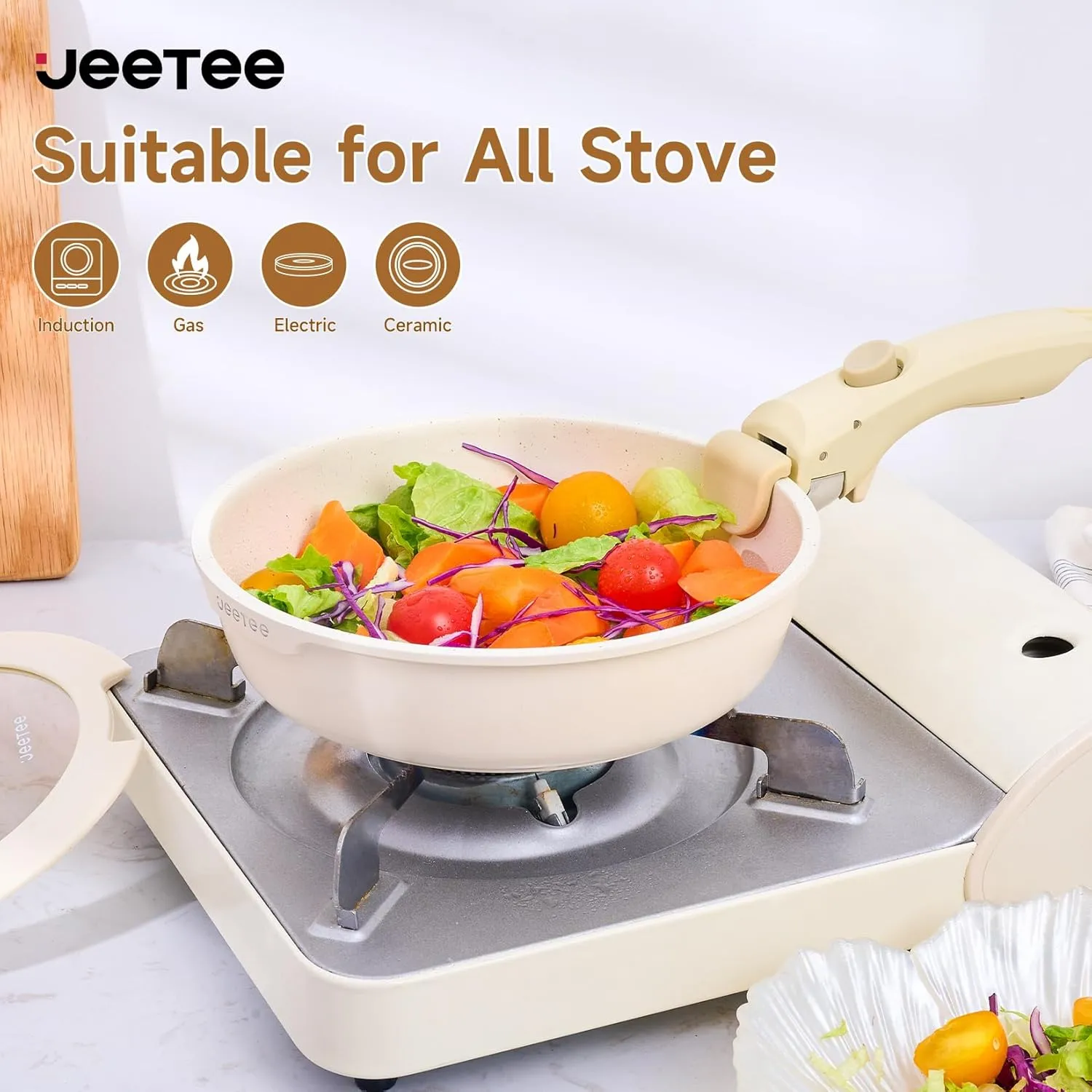 JEETEE Pots and Pans Set Non Stick 25pcs, Cookware Set with Removable Handle, Induction Kitchen Cooking Sets with Detachable Handle, RV Camping Stackable Pots Pans, Oven Safe, PFOA Free, Beige