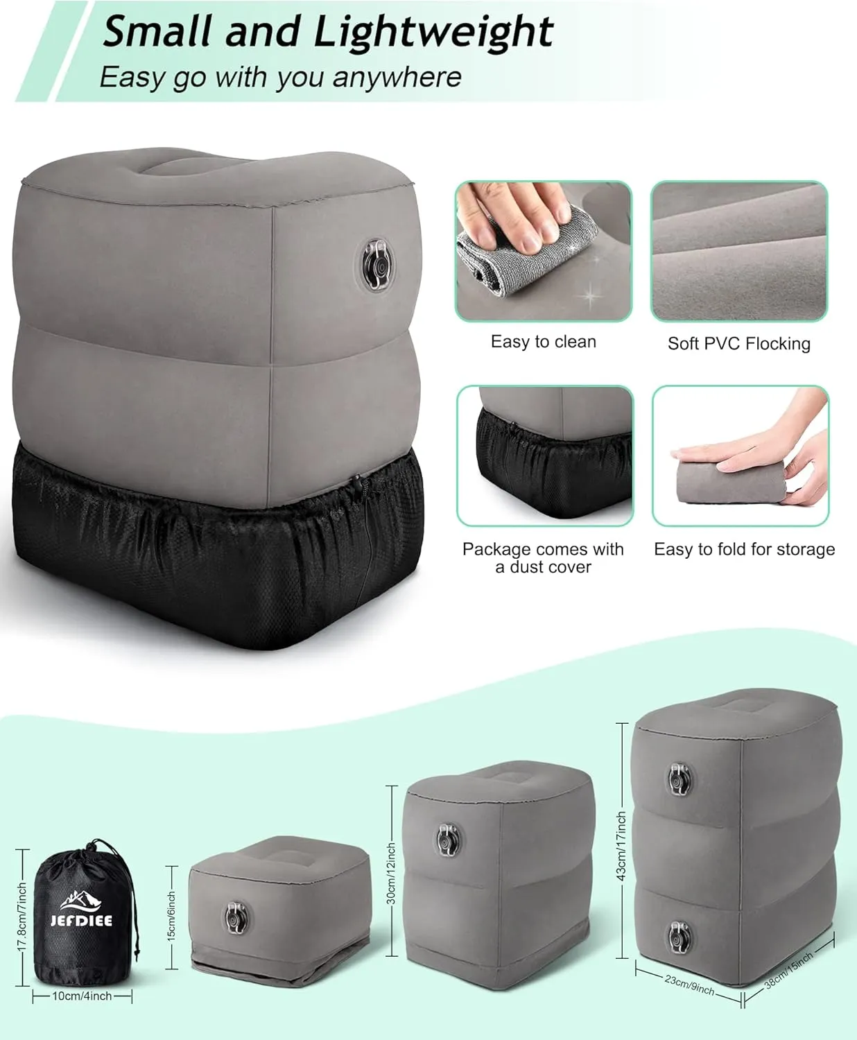 JefDiee Inflatable Travel Foot Rest Pillow, Kids Airplane Bed, Adjustable 3 Layers Height Leg Rest Pillow, Adults Travel Essentials Great for Airplane, Office, Home, Trains, Cars (2 Pack)