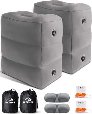 JefDiee Inflatable Travel Foot Rest Pillow, Kids Airplane Bed, Adjustable 3 Layers Height Leg Rest Pillow, Adults Travel Essentials Great for Airplane, Office, Home, Trains, Cars (2 Pack)
