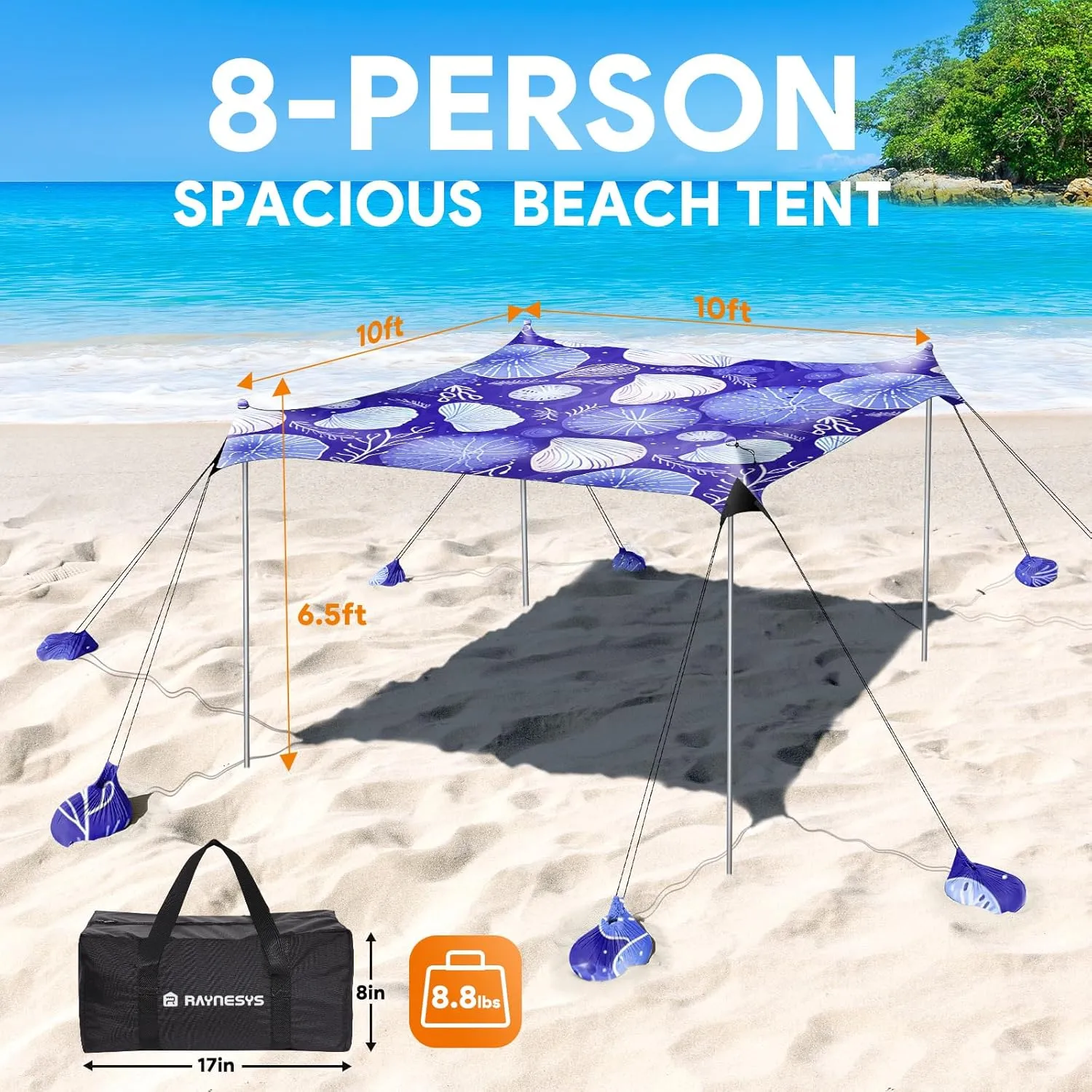 Jellyfish Beach Tent Canopy, 10 x 10 FT, UPF50  Sun Protection, Windproof, Easy Setup, Portable, 8 Person Capacity