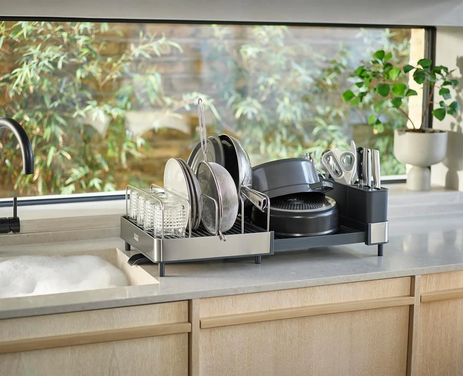 Joseph Joseph Extend Max Steel Expanding Dish Drying Rack, with high Capacity Large for Items, Cutlery and Knife Holder, Swivel Draining Spout, Stainless Steel