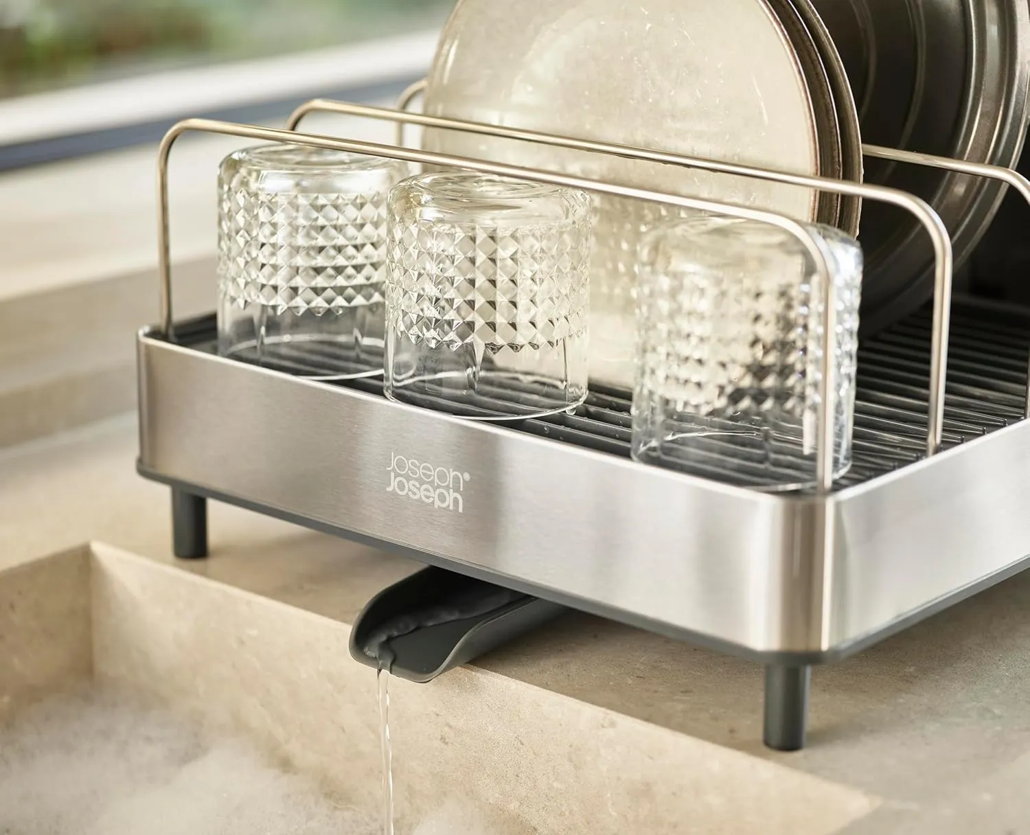 Joseph Joseph Extend Max Steel Expanding Dish Drying Rack, with high Capacity Large for Items, Cutlery and Knife Holder, Swivel Draining Spout, Stainless Steel