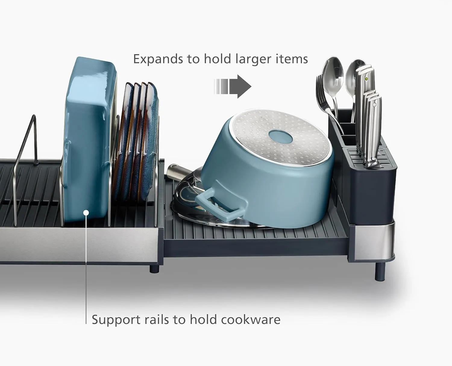 Joseph Joseph Extend Max Steel Expanding Dish Drying Rack, with high Capacity Large for Items, Cutlery and Knife Holder, Swivel Draining Spout, Stainless Steel