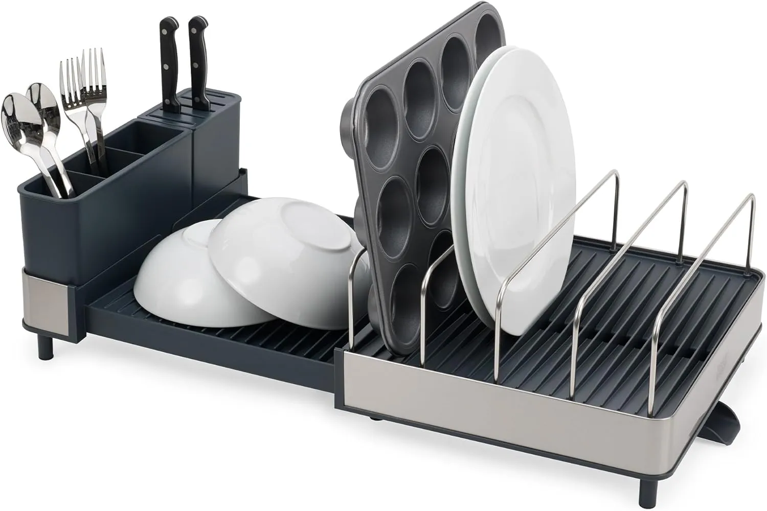 Joseph Joseph Extend Max Steel Expanding Dish Drying Rack, with high Capacity Large for Items, Cutlery and Knife Holder, Swivel Draining Spout, Stainless Steel
