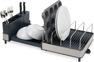 Joseph Joseph Extend Max Steel Expanding Dish Drying Rack, with high Capacity Large for Items, Cutlery and Knife Holder, Swivel Draining Spout, Stainless Steel