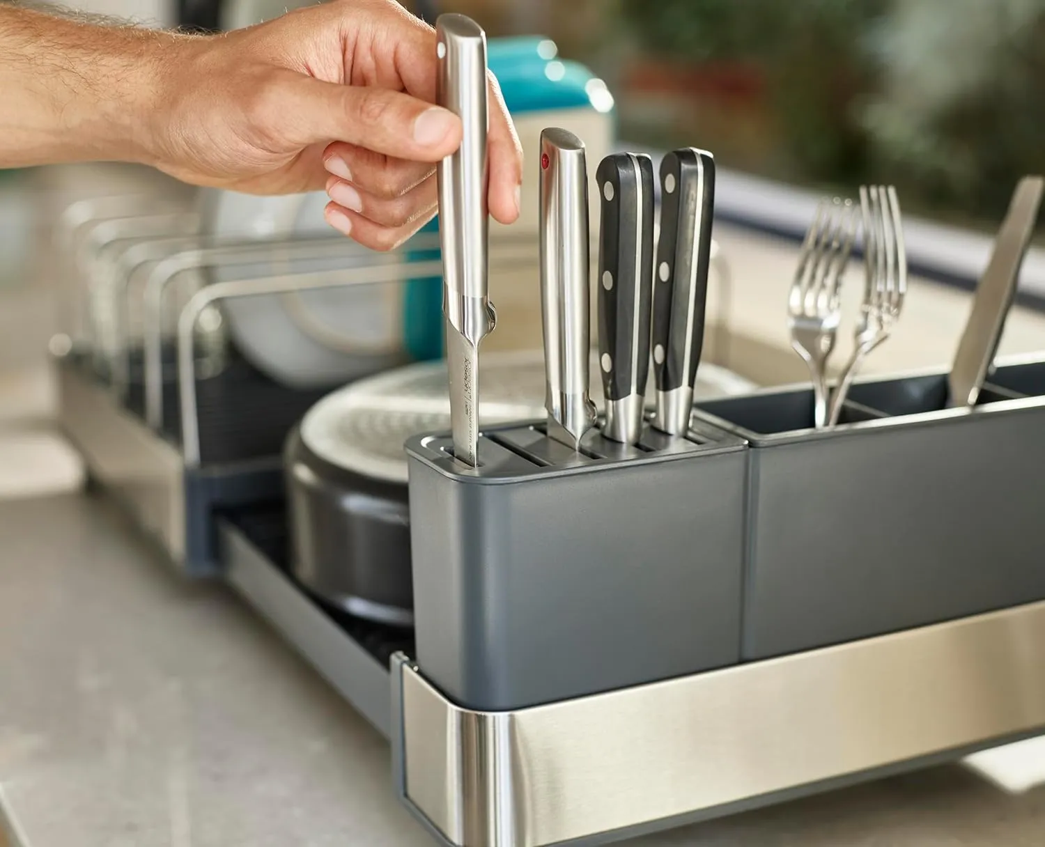 Joseph Joseph Extend Max Steel Expanding Dish Drying Rack, with high Capacity Large for Items, Cutlery and Knife Holder, Swivel Draining Spout, Stainless Steel