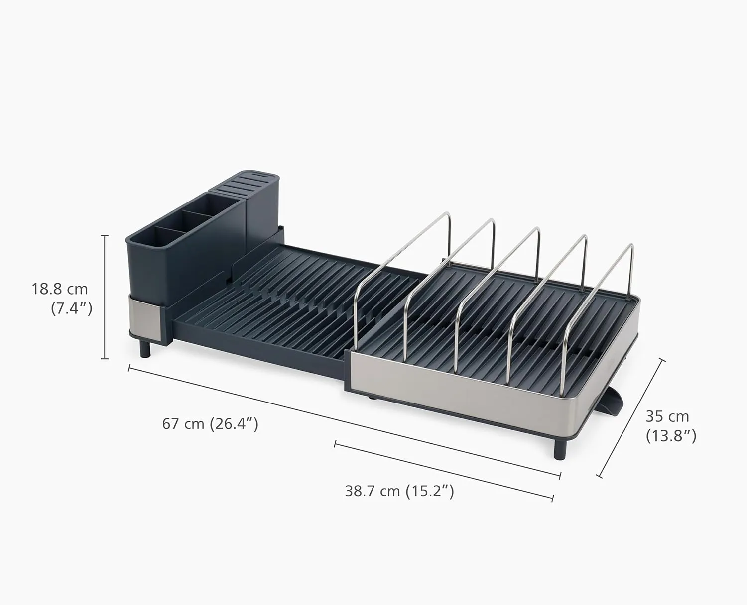 Joseph Joseph Extend Max Steel Expanding Dish Drying Rack, with high Capacity Large for Items, Cutlery and Knife Holder, Swivel Draining Spout, Stainless Steel