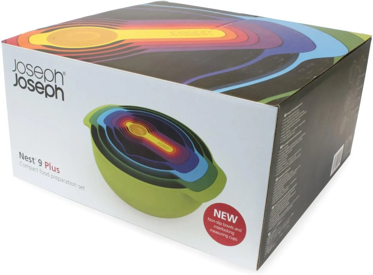 Joseph Joseph Nest 9 Plus, 9 Piece Compact Food Preparation Set with Mixing Bowls, Measuring cups, Sieve and Colander, MultiColor