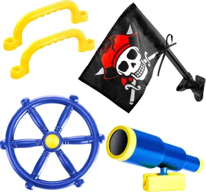 Junkin 5 Pcs Playground Equipment Plastic Pirate Steering Wheel Pirate Telescope Safety Handles Pirate Flags for Outdoor Backyard Swing Set Playhouse Tree House Jungle Gym Accessories (Blue)