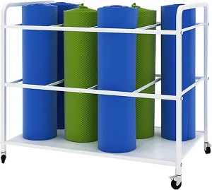 JYDQM Large Yoga Mat Rack with Lockable Wheels, Metal Yoga Pad Floor Storage Cart for 9 Exercise Yoga Mat or Foam Rollers, Home Gym Use (Color : White)