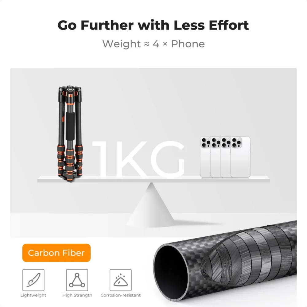 K&F Concept 360° Ball Head 5-Section Carbon Fiber Tripod   Monopod with 8kg Maximum Load Capacity & 1.52m Height, 1/4" Threaded Mounts for DSLR Mirrorless Cameras | A225C0 BH-25L