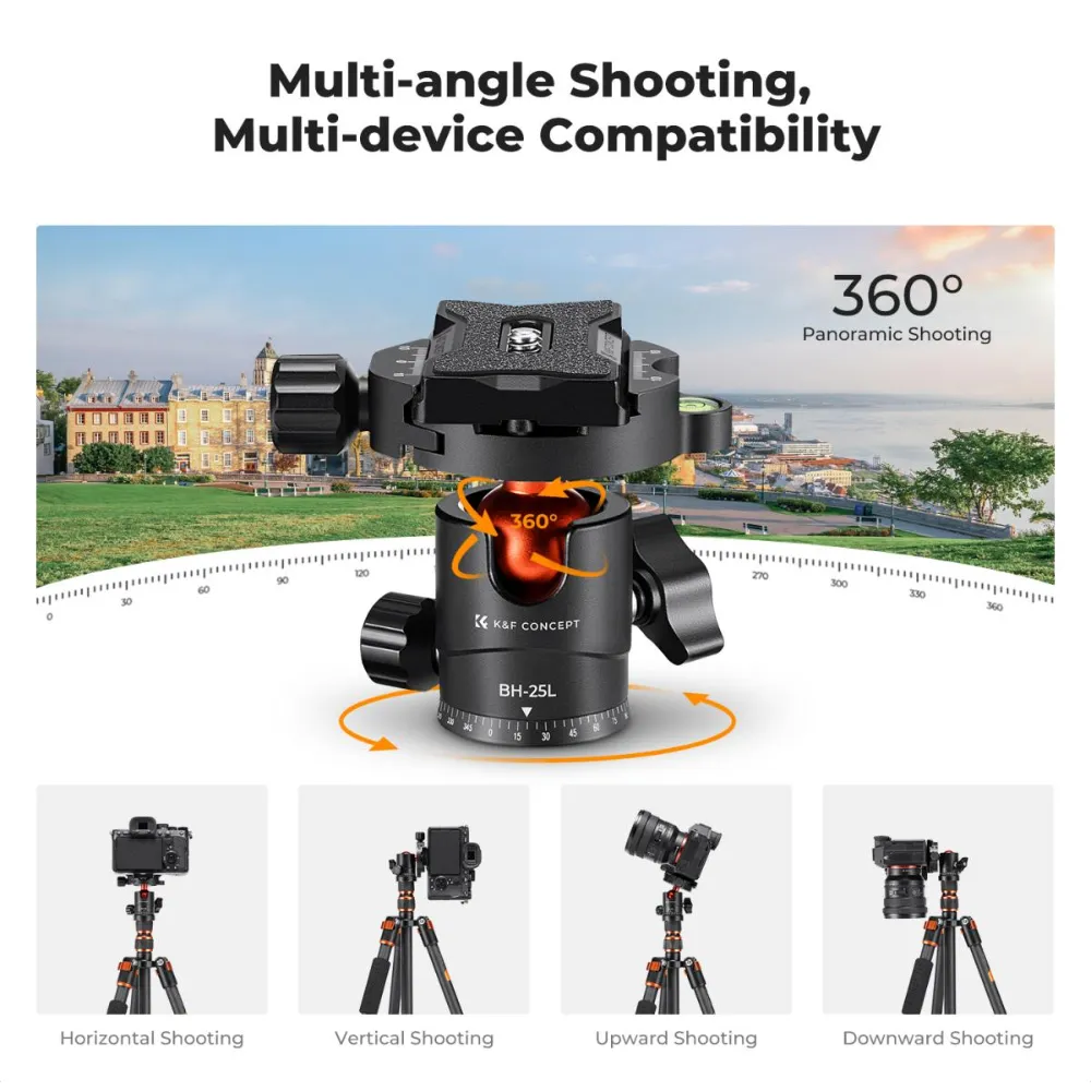 K&F Concept 360° Ball Head 5-Section Carbon Fiber Tripod   Monopod with 8kg Maximum Load Capacity & 1.52m Height, 1/4" Threaded Mounts for DSLR Mirrorless Cameras | A225C0 BH-25L