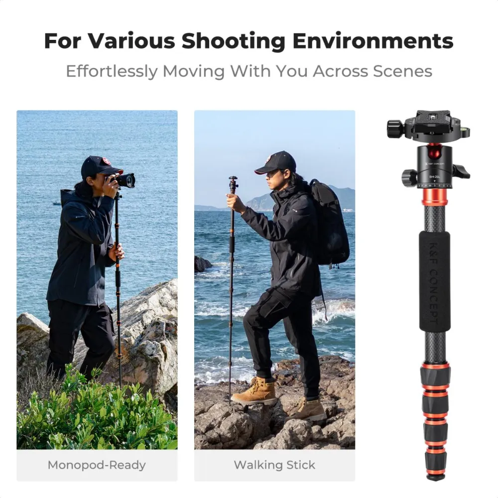 K&F Concept 360° Ball Head 5-Section Carbon Fiber Tripod   Monopod with 8kg Maximum Load Capacity & 1.52m Height, 1/4" Threaded Mounts for DSLR Mirrorless Cameras | A225C0 BH-25L