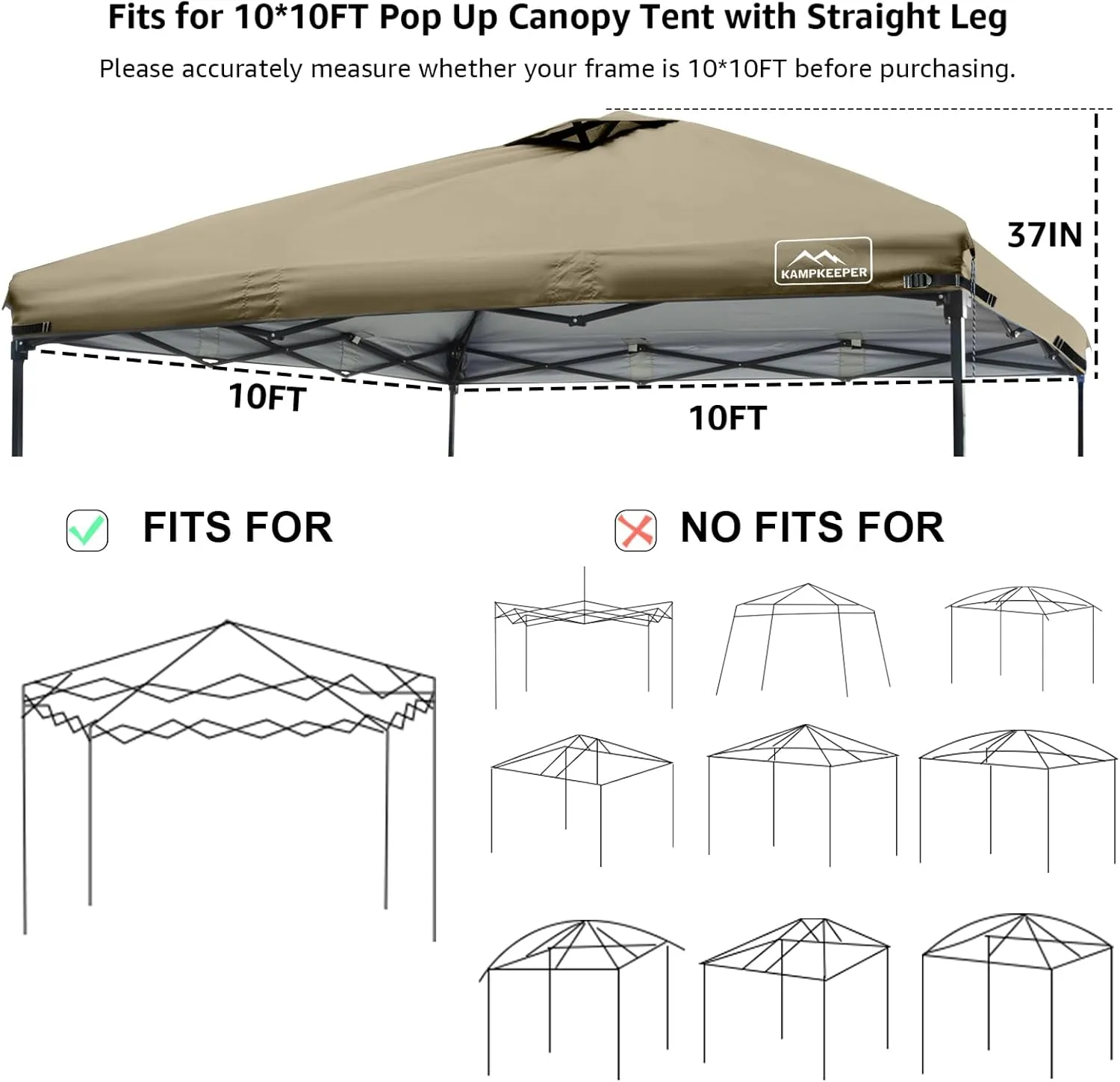 KAMPKEEPER 10x10 Replacement Top Pop Up Canopy Tent Top Cover Roof with Air Vent and Adjustable Elastic Strap, Polyester UV Waterproof for Outdoor Garden Patio Pavilion Sun Shade(Top Only) (Khaki)