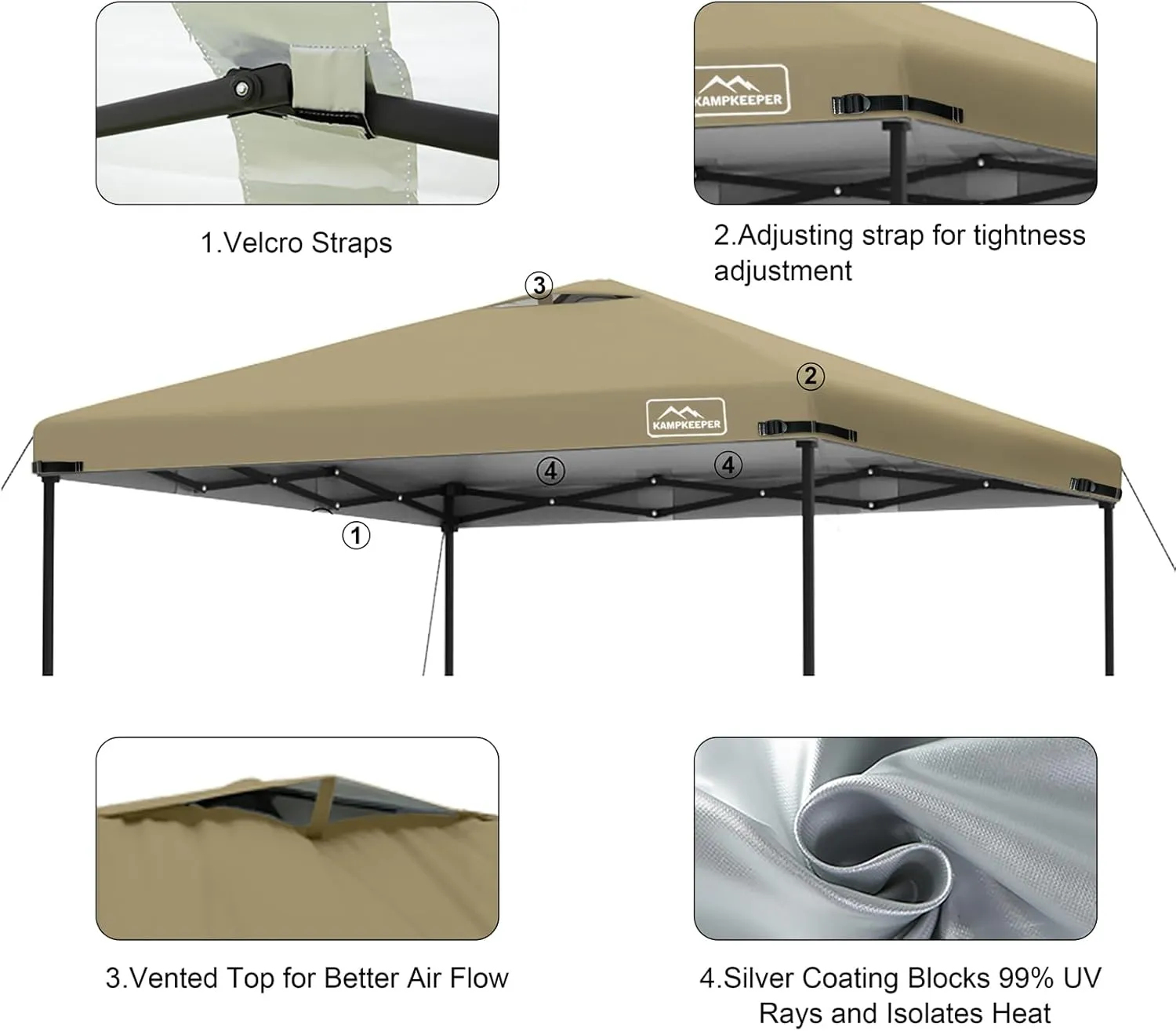 KAMPKEEPER 10x10 Replacement Top Pop Up Canopy Tent Top Cover Roof with Air Vent and Adjustable Elastic Strap, Polyester UV Waterproof for Outdoor Garden Patio Pavilion Sun Shade(Top Only) (Khaki)