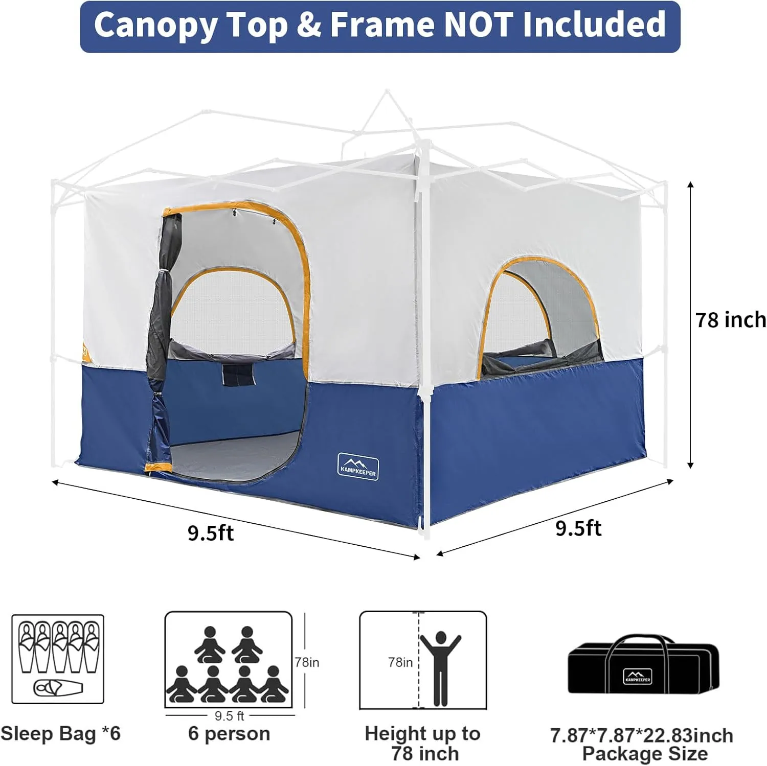 KAMPKEEPER Camping Inner Tent for Pop Up CanopyConverts 10'x10' Canopy into Camping TentFully Vented Roof, Navy Blue