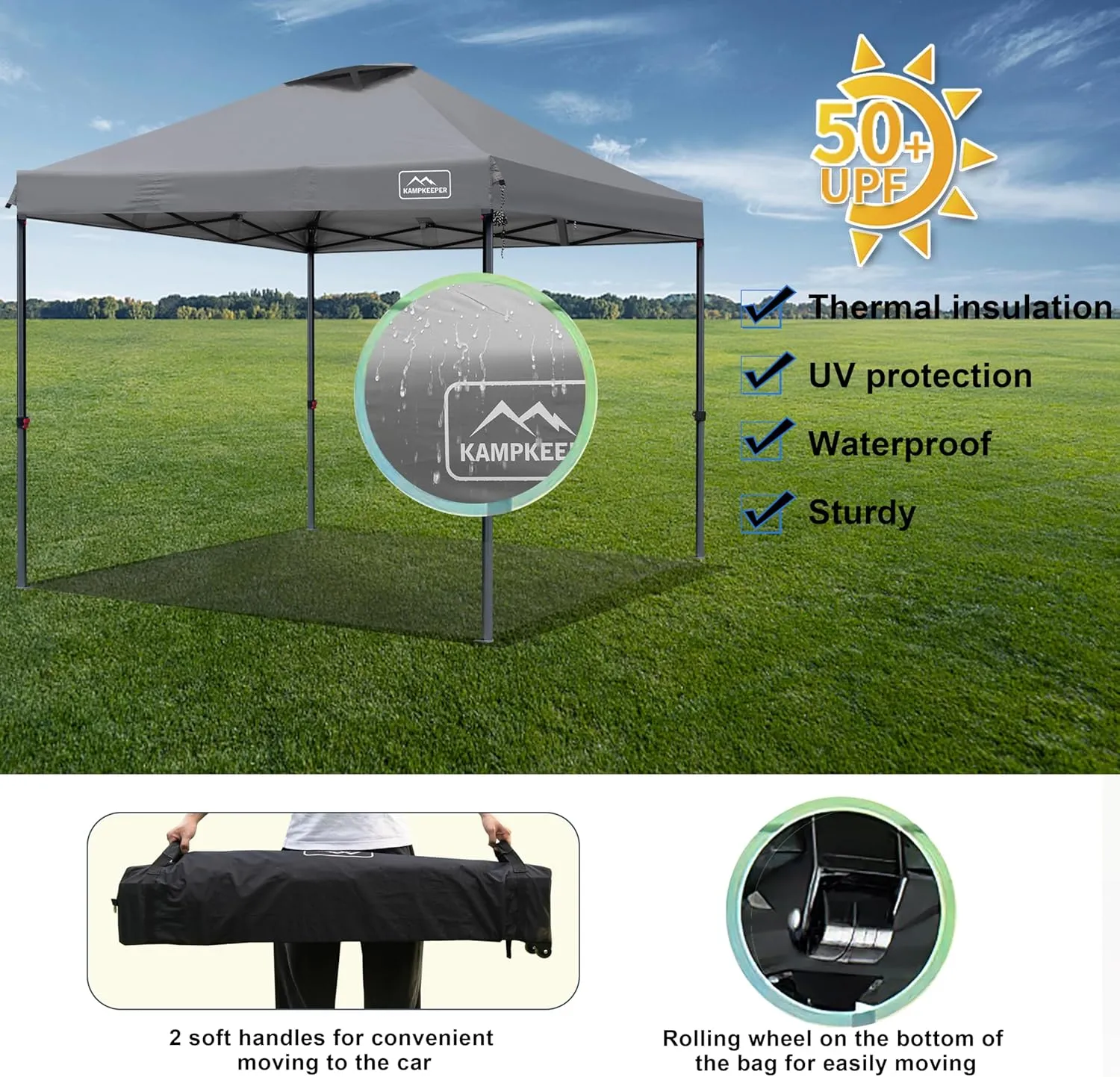 KAMPKEEPER One Person Setup 10x10 Pop up Canopy Tent, Instant Portable Canopy, One Push Outdoor Canopy with 3 Adjustable Heights, Wheeled Carry Bag, Bonus 8 Stakes and 4 Ropes(Dark Grey)