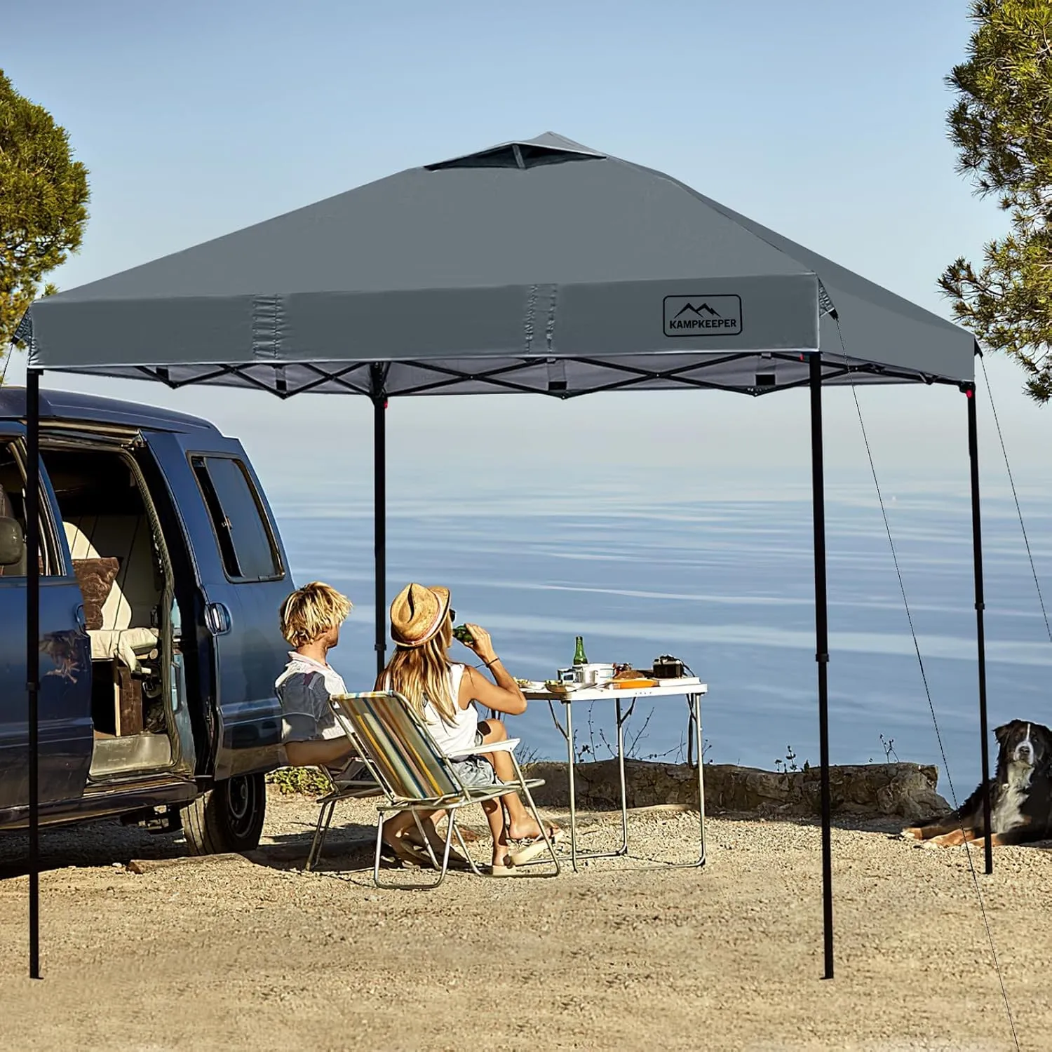 KAMPKEEPER One Person Setup 10x10 Pop up Canopy Tent, Instant Portable Canopy, One Push Outdoor Canopy with 3 Adjustable Heights, Wheeled Carry Bag, Bonus 8 Stakes and 4 Ropes(Dark Grey)