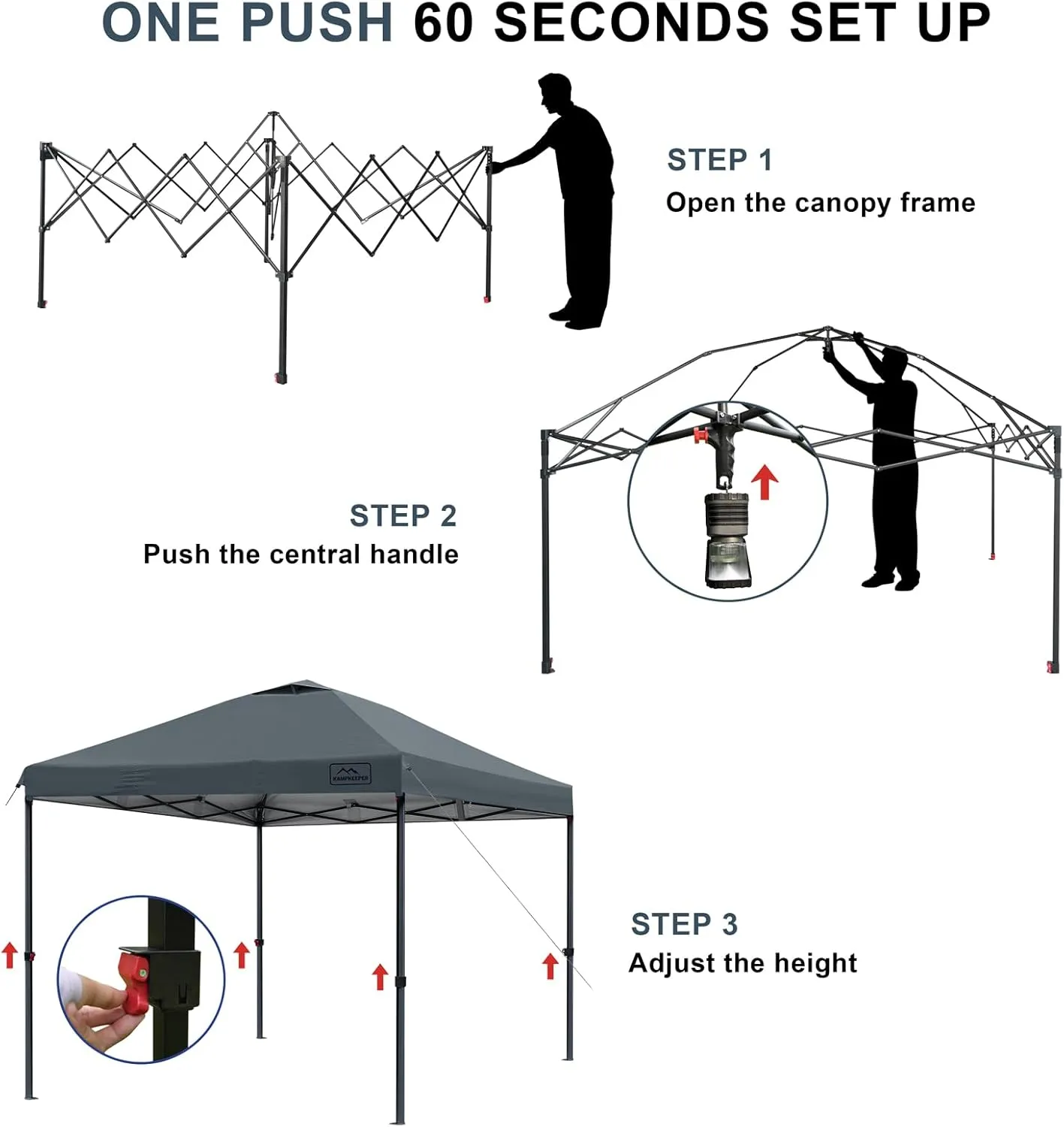 KAMPKEEPER One Person Setup 10x10 Pop up Canopy Tent, Instant Portable Canopy, One Push Outdoor Canopy with 3 Adjustable Heights, Wheeled Carry Bag, Bonus 8 Stakes and 4 Ropes(Dark Grey)