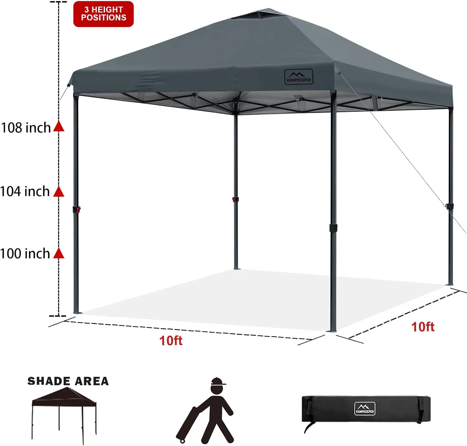 KAMPKEEPER One Person Setup 10x10 Pop up Canopy Tent, Instant Portable Canopy, One Push Outdoor Canopy with 3 Adjustable Heights, Wheeled Carry Bag, Bonus 8 Stakes and 4 Ropes(Dark Grey)