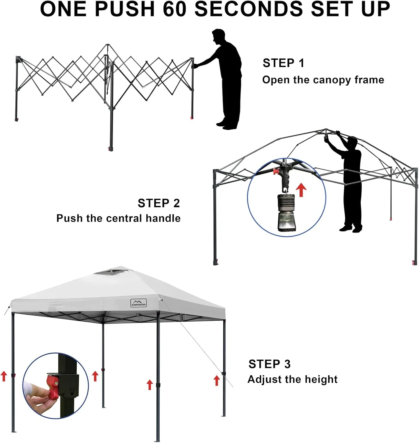 KAMPKEEPER One Person Setup 10x10 Pop up Canopy Tent, Instant Portable Canopy, One Push Outdoor Canopy with 3 Adjustable Heights, Wheeled Carry Bag, Bonus 8 Stakes and 4 Ropes(White)