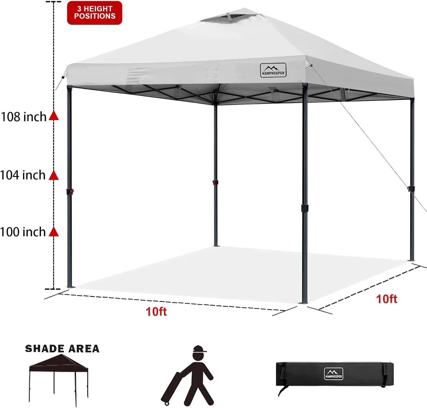 KAMPKEEPER One Person Setup 10x10 Pop up Canopy Tent, Instant Portable Canopy, One Push Outdoor Canopy with 3 Adjustable Heights, Wheeled Carry Bag, Bonus 8 Stakes and 4 Ropes(White)