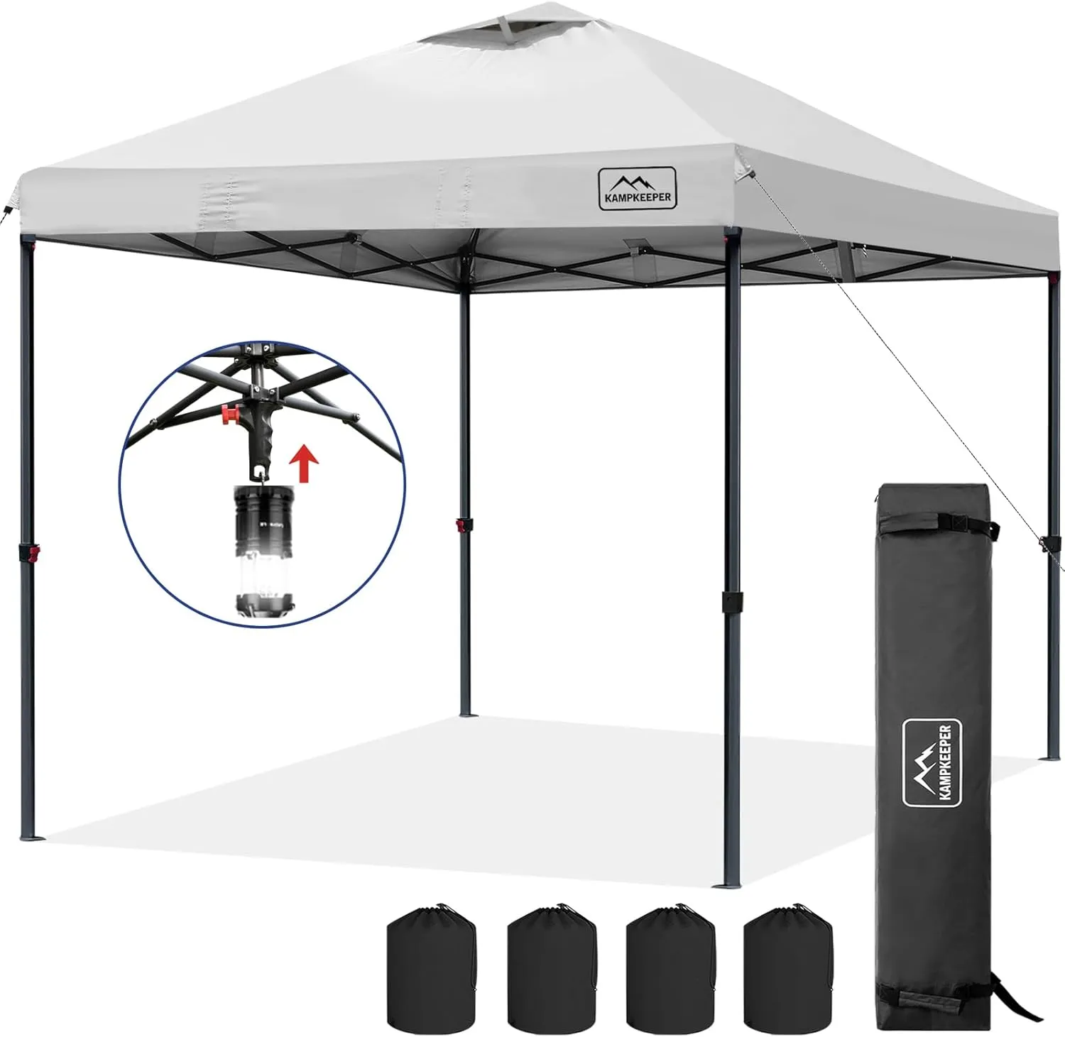 KAMPKEEPER One Person Setup 10x10 Pop up Canopy Tent, Instant Portable Canopy, One Push Outdoor Canopy with 3 Adjustable Heights, Wheeled Carry Bag, Bonus 8 Stakes and 4 Ropes(White)