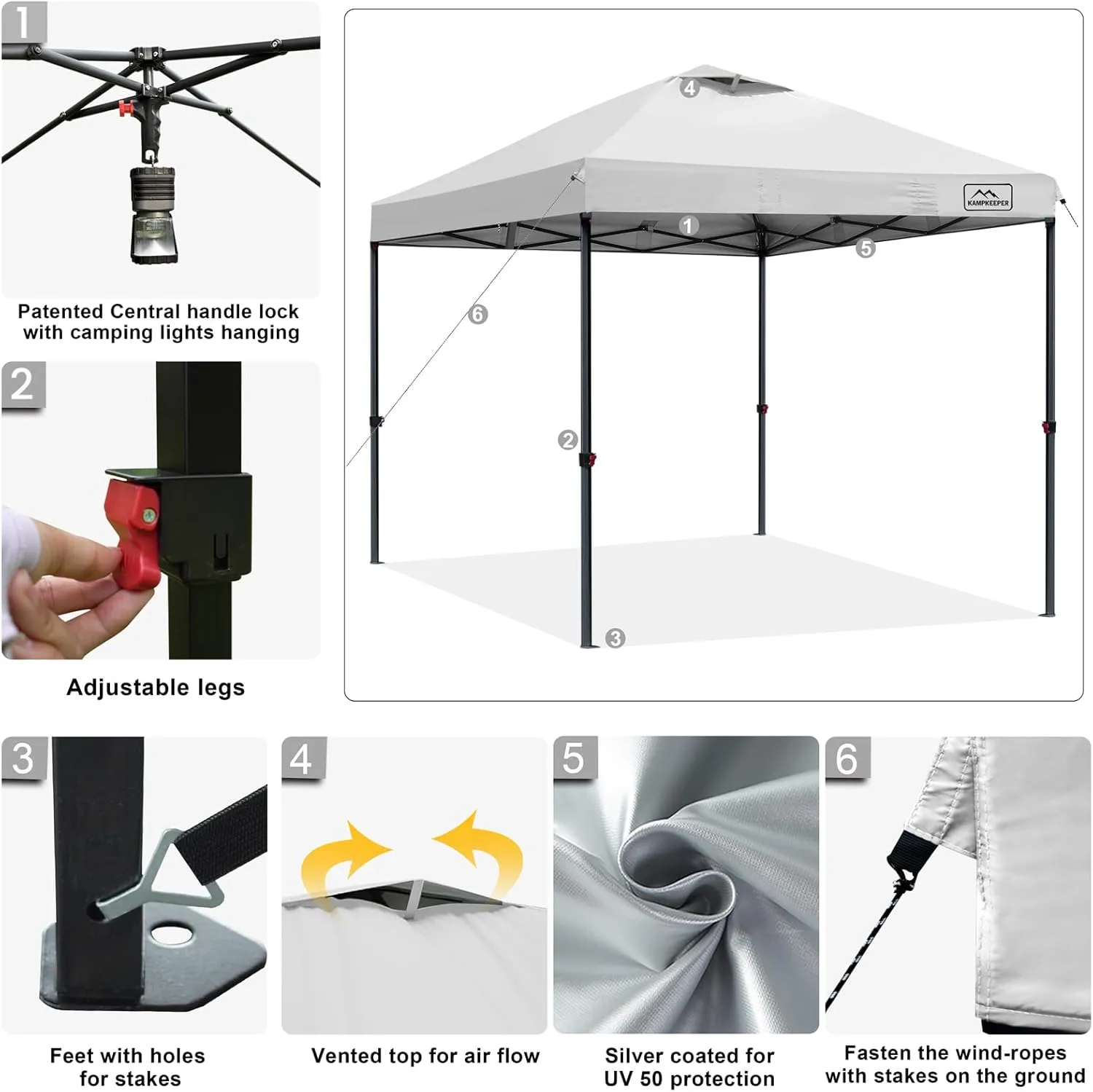 KAMPKEEPER One Person Setup 10x10 Pop up Canopy Tent, Instant Portable Canopy, One Push Outdoor Canopy with 3 Adjustable Heights, Wheeled Carry Bag, Bonus 8 Stakes and 4 Ropes(White)