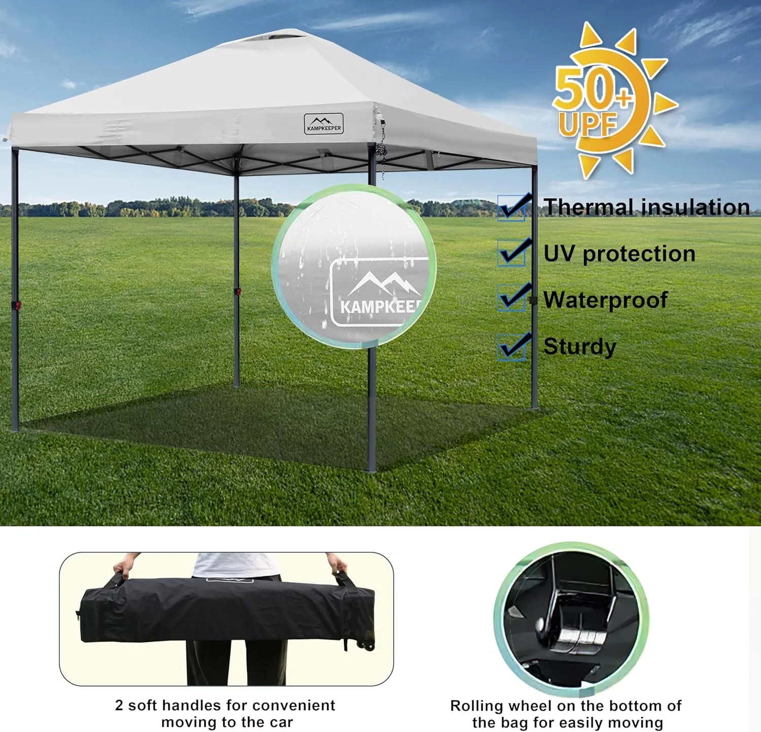 KAMPKEEPER One Person Setup 10x10 Pop up Canopy Tent, Instant Portable Canopy, One Push Outdoor Canopy with 3 Adjustable Heights, Wheeled Carry Bag, Bonus 8 Stakes and 4 Ropes(White)
