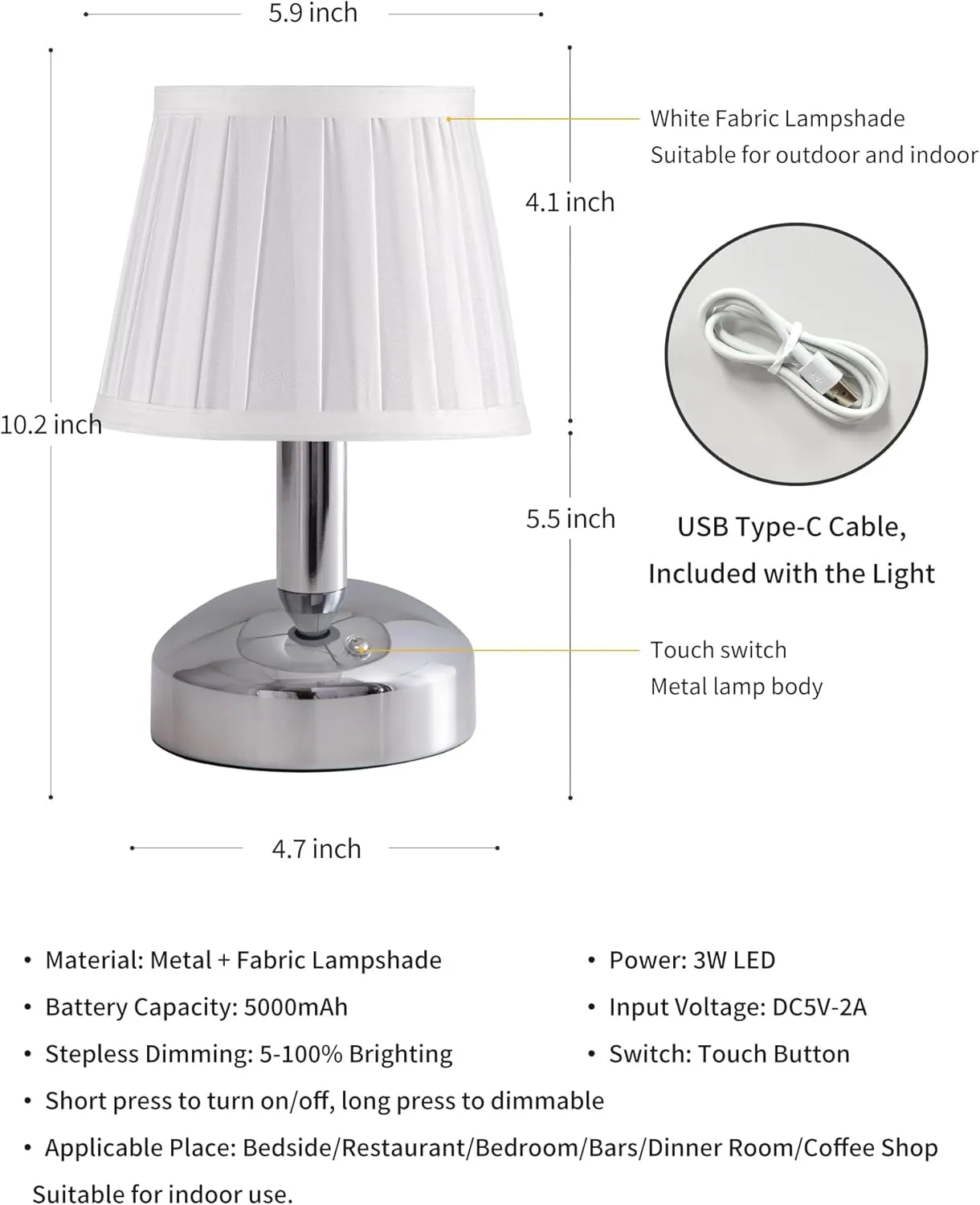 KDG Modern Cordless Small Table Lamp Set of 2, Portable LED Fabric Shade Desk Lamps, 5000mAh Rechargeable Battery Operated Lighting for Bedroom, Bedside, Living Room, Dining Room (Silver)