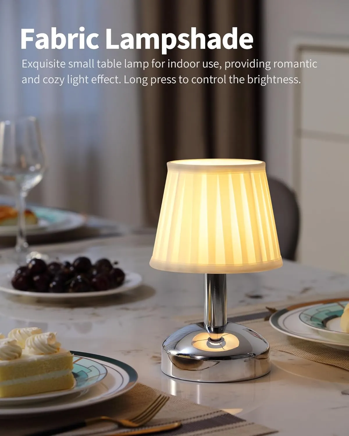 KDG Modern Cordless Small Table Lamp Set of 2, Portable LED Fabric Shade Desk Lamps, 5000mAh Rechargeable Battery Operated Lighting for Bedroom, Bedside, Living Room, Dining Room (Silver)