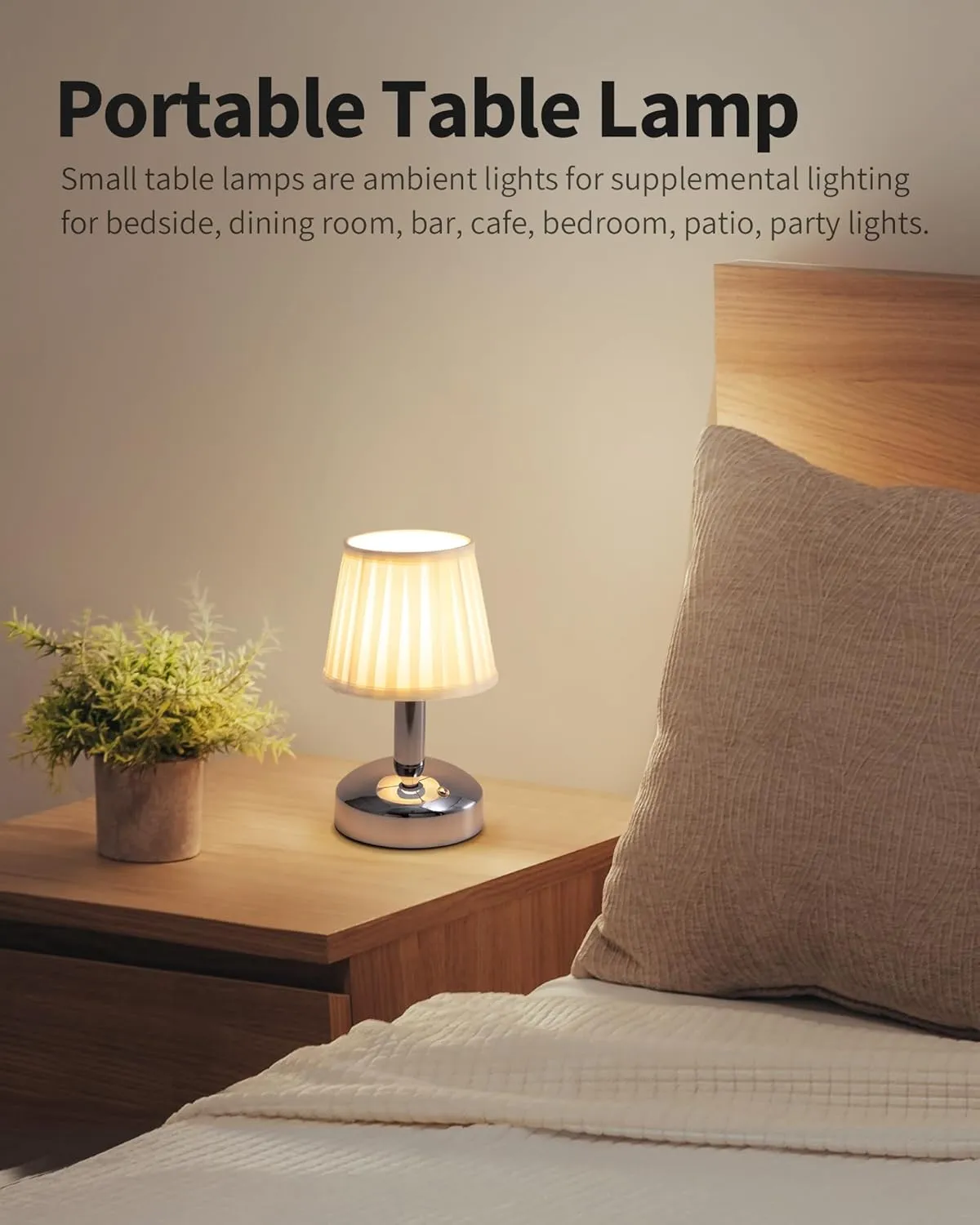 KDG Modern Cordless Small Table Lamp Set of 2, Portable LED Fabric Shade Desk Lamps, 5000mAh Rechargeable Battery Operated Lighting for Bedroom, Bedside, Living Room, Dining Room (Silver)
