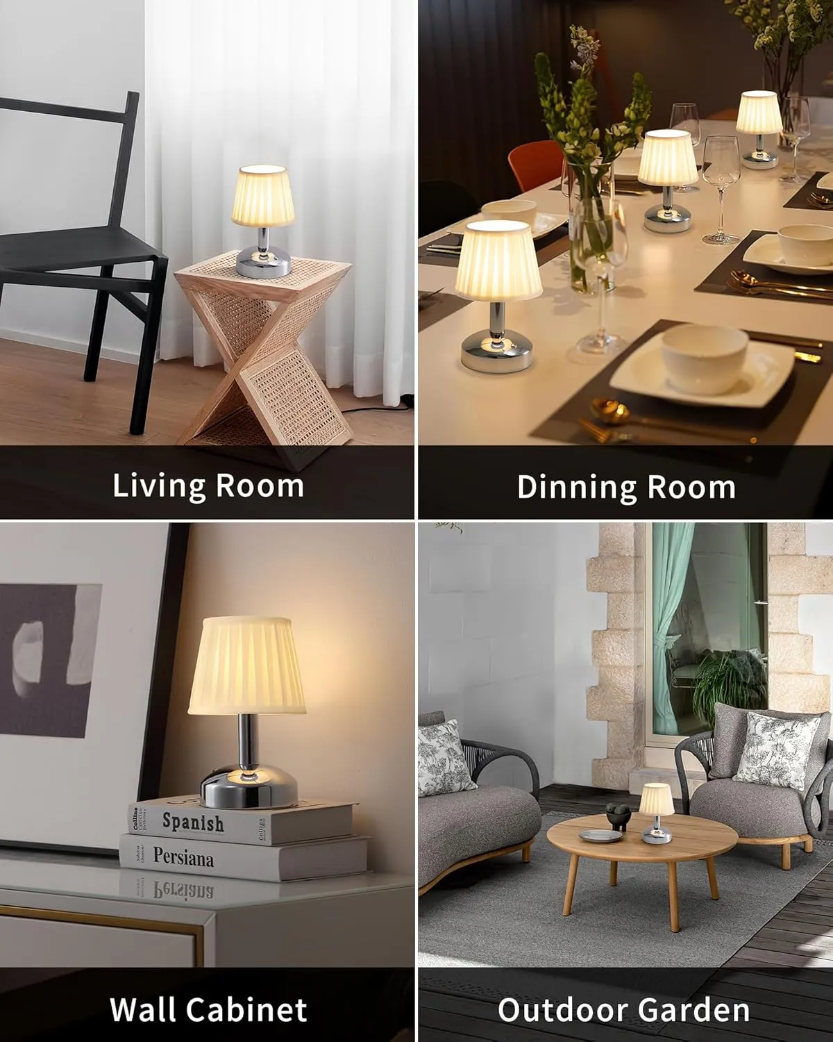 KDG Modern Cordless Small Table Lamp Set of 2, Portable LED Fabric Shade Desk Lamps, 5000mAh Rechargeable Battery Operated Lighting for Bedroom, Bedside, Living Room, Dining Room (Silver)