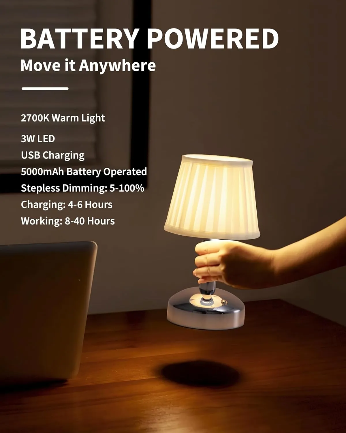 KDG Modern Cordless Small Table Lamp Set of 2, Portable LED Fabric Shade Desk Lamps, 5000mAh Rechargeable Battery Operated Lighting for Bedroom, Bedside, Living Room, Dining Room (Silver)