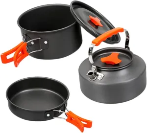 KICHOUSE Outdoor Cookware Set for 2-3 People Portable Picnic Cooking Utensils Aluminum Alloy Pot and Pan Easy to Carry Camping Hiking Kitchenware