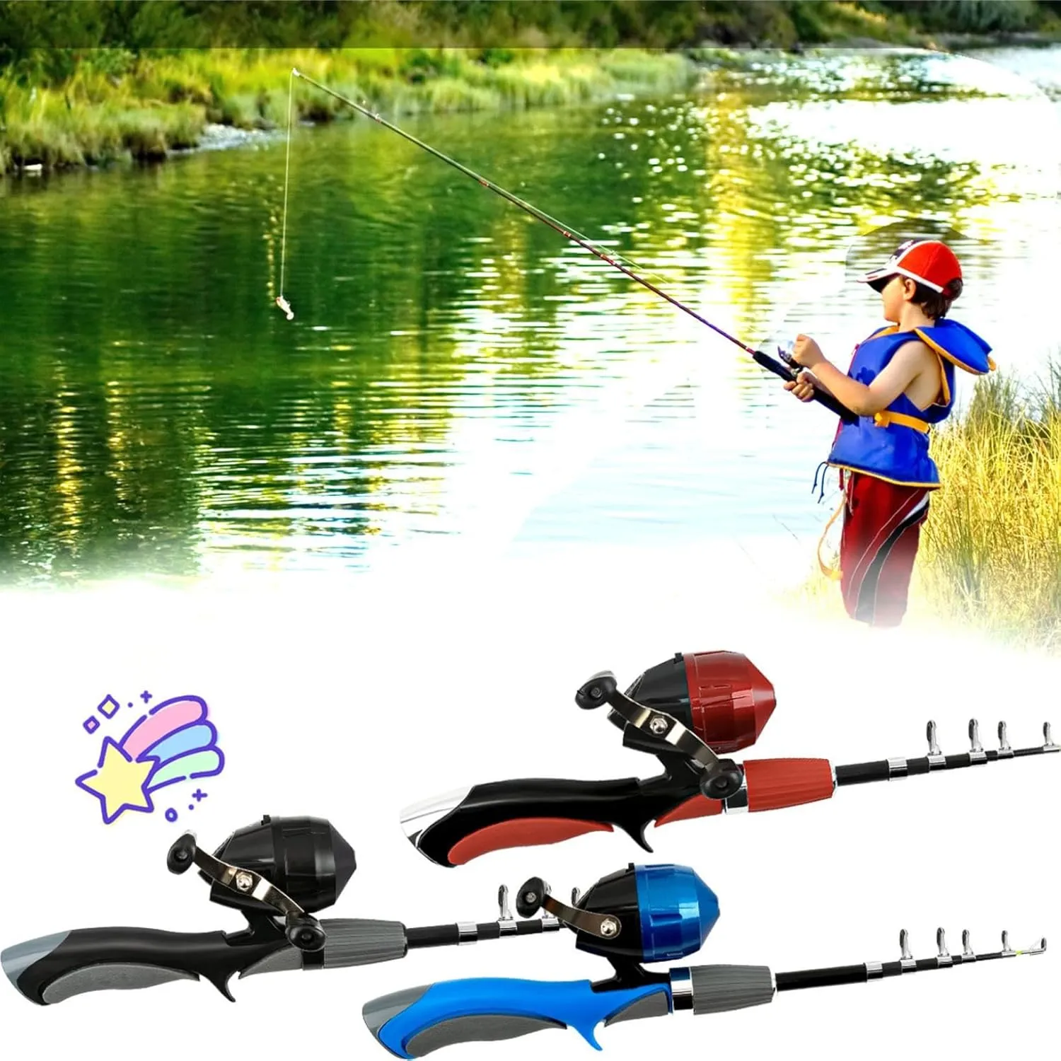 Kids Fishing Pole Set – 6-Section Telescopic Pole with Spinning Reel, Tackle Box & Portable Bag | Kit for Boys, Girls & Youth for Outdoor Adventures