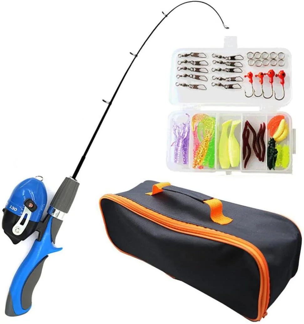 Kids Fishing Rod,50Pcs Collapsible Fishing Rod Kit,Kids Telescopic Fishing Pole with Bait Spinning Reel Hooks for Children Beginners