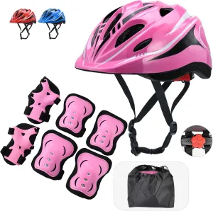 Kids Helmet & Knee Pad Set - Adjustable Elbow & Wrist Guards for Bike, Skateboard, Scooter - 5-12yrs - 7-in-1 - 3 Colors