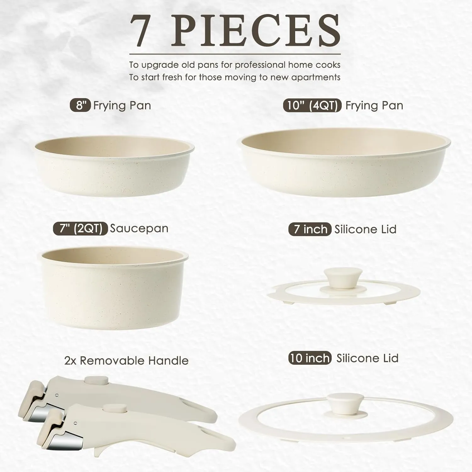 KIKCOIN 7 Pcs Pots and Pans Set Non Stick, Kitchen Cookware Set with 2 Detachable Handles &2 Lids, Non Toxic Induction RV Cooking Set with Removable Handles, Dishwasher/Oven Safe, Apartment Essentials