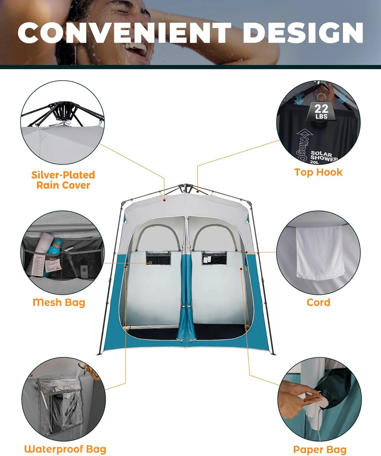 KingCamp Camping Shower Tent, Instant Portable Privacy Shelter, 1/2 Room Large Outdoor Toilet Tent with Floor, Water-Resistant, Windproof & Easy Setup for Beach, Camping & Hiking