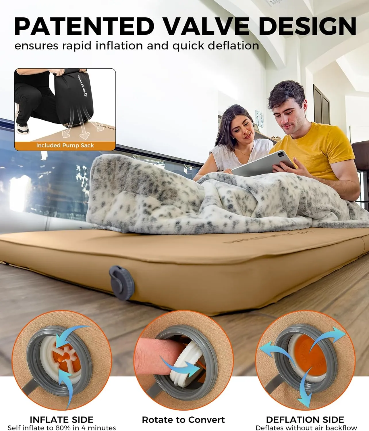 KingCamp Double Sleeping Pad, 2 Person Queen R 15.5 Self Inflating Sleeping Pad, 6" Ultra Thick Full Size Foam Mattress Mat for Outdoor Camping Tent Car, PVC Free (Khaki)