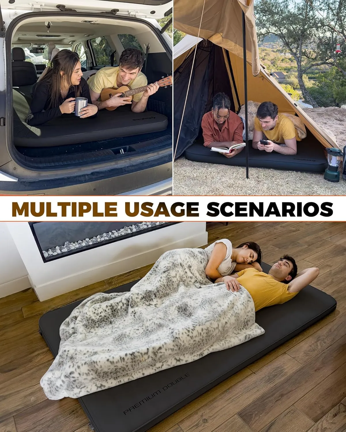 KingCamp Double Sleeping Pad, 2 Person Queen R 7.9 Self Inflating Sleeping Pad, 3" Thick Full Size Foam Mattress Mat with Air Pump for Outdoor Camping Tent Car, PVC Free (Black)