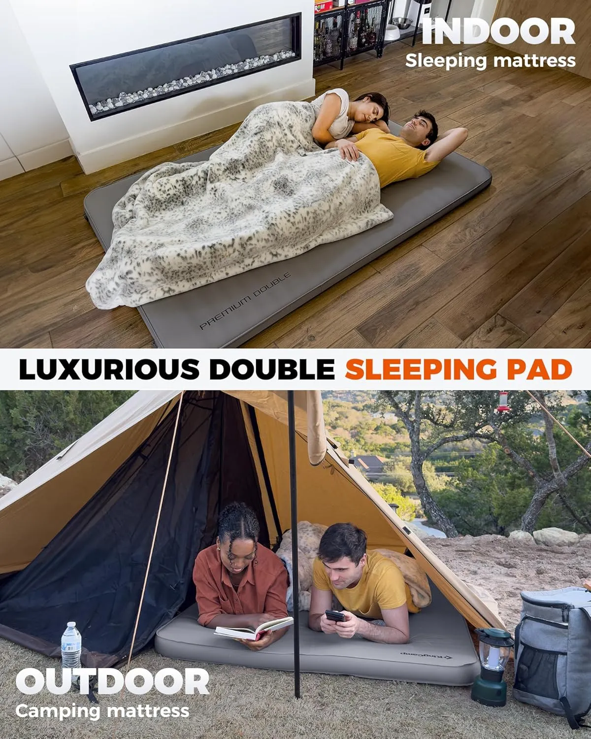 KingCamp Double Sleeping Pad, 2 Person Queen R 7.9 Self Inflating Sleeping Pad, 3" Ultra Thick Full Size Foam Mattress Mat with Pump Sack for Camping Outdoor Tent Car, PVC Free (Grey)