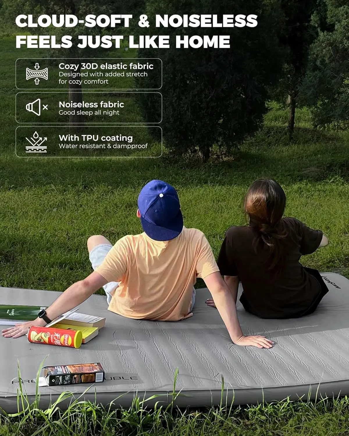 KingCamp Double Sleeping Pad, 2 Person Queen R 7.9 Self Inflating Sleeping Pad, 3" Ultra Thick Full Size Foam Mattress Mat with Pump Sack for Camping Outdoor Tent Car, PVC Free (Grey)