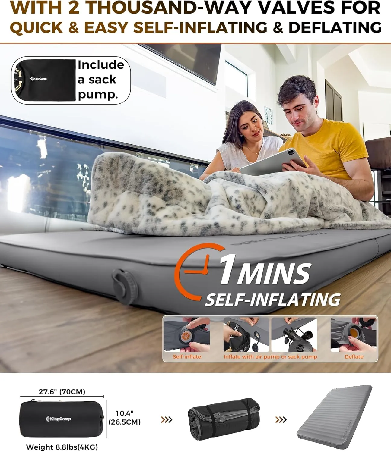 KingCamp Double Sleeping Pad, 2 Person Queen R 7.9 Self Inflating Sleeping Pad, 3" Ultra Thick Full Size Foam Mattress Mat with Pump Sack for Camping Outdoor Tent Car, PVC Free (Grey)